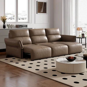 Sofá Cama Chaise Lounge em L de Couro Genuíno Marrom Minimalista com Reclinável