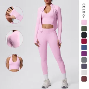 2026 Women's Seamless 3 Piece Yoga Set Breathable Quick Dry Tight Fit High Waist Full Zip up Workout Yoga Wear Gym Fitness Sets