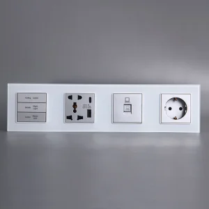 Tomada de Parede Europeia com Interruptor de Botão Pressionável para Carregamento USB+Tipo C em Vidro Temperado Branco 4