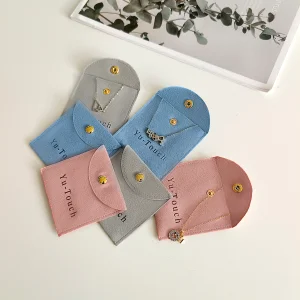 High End Custom logo Microfiber Suede Button Jewelry Pouch Blue Pink Velvet Jewelry Gift Bag Pouch with logo
