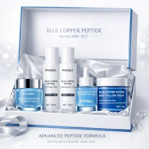 Private Label Blue Copper Peptide Skincare Set Hydrating Soothing Facial Care Kit With Spray Lotion Serum Cream And Balm