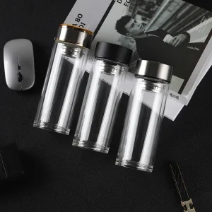 Wide Mouth Borosilicate Double Wall Glass Water Bottle with Tea Infuser