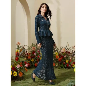 Floor-Length Navy Blue Lace Peplum Collar Mermaid Maxi Dress Women Elegant Party Evening Gown Formal Occasion Wear Slim Fit