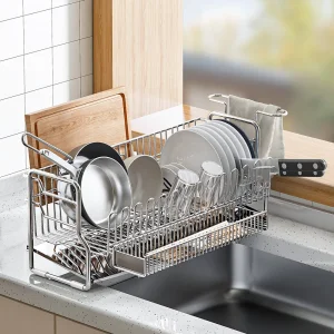 All-in-One Kitchen Dish Rack, 304 Stainless Steel, Includes Drain Tray, Utensil Caddy, Knife Slot, Cutting Board &amp; Towel Storage