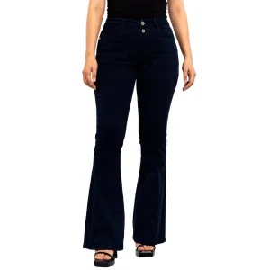 Calças casuais skinny flare azul escuro de dois botões para mulheres