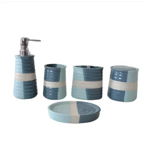 Custom Blue & White Color - Blocked Ribbed - Texture Stoneware Bathroom 5 - Piece Set Manufacturers, Companies