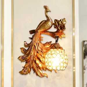 Vintage Creative Art Deco Peacock Resin Wall Lamp Gold Vanity Luxury Bedroom Wall Light