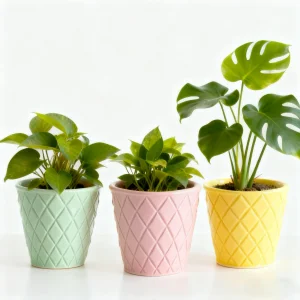 China Pastel Diamond Embossed Ceramic Planter Set for Modern Indoor Plants VDLK5508 Manufacturer, Suppliers