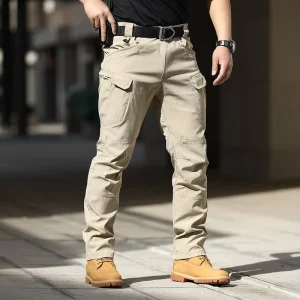 100% Calças Casuais de Algodão para Homens com Cintura Elástica Calças Plus Size com Múltiplos Bolsos Calças Cargo Largas para Homens