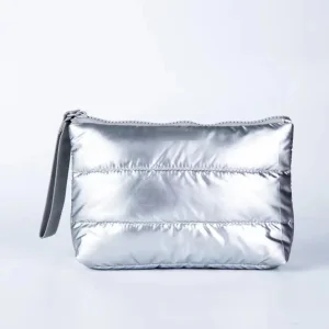 Customized Eco-Friendly Recyclable Waterproof Nylon Quilted Makeup Bag Travel Padded Cosmetic Pouch Fashion Silver Zipper