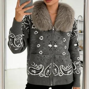 Luxurious Women's Knit Cardigan with Real Fox Fur Collar Vintage Paisley Zip-Up Sweater Jacket Warm Winter Luxury Outerwear