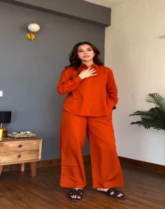 Stylish Women Casual Wear Set V-Neck Button Shirt with Full Sleeves Pant Solid Rayon All Seasons In-Stock