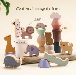 Funny Zoo Stack Smooth Wood Blocks Kids Focus Hand-Eye Coordination Wooden Toys