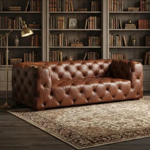 Vintage Furniture Factory Direct Tufted Buckle Copper Stud Decor Accent Top Full Genuine Leather Luxury Club Hotel Office Living Room Chesterfiled Long Sofa