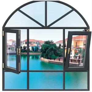 Ventana de doble arco con marco de aluminio y apertura interior y exterior