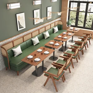 Modern Nordic Eco-Friendly Commercial Cafe Coffee Bar Wood Table Rattan Chair Leather Sofa Customized Restaurant Furniture