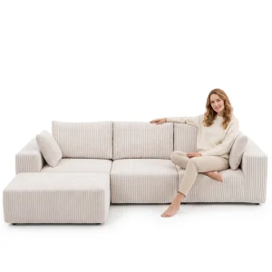 HUATEAN 108" Modular L-Shape Sectional Sofa With Deep Seat PU Material Modern Design For Bedroom (Beige)