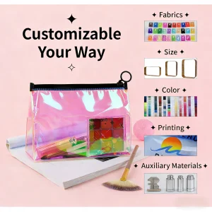 Custom Mini Small pink Pvc Holographic Plastic Zipper Bag with logo Print for Cosmetics Makeup Brushes Packaging Pouch
