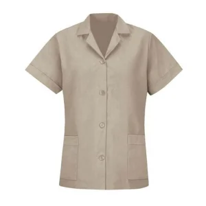 Women's Custom Logo Notched Lapel Smock Loose Fit Short Sleeve Shirt Ladies Button up Work Blouse