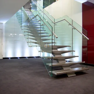 Residential Indoor Stairs Straight Staircase Mono Stringer Stair Wood Step Glass Railing