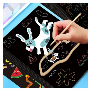 Zolland 9-Piece Black Scratch Art Paper Set Rainbow Magic Kids Craft Kit With Wooden Stylus for Drawing Toys and Education