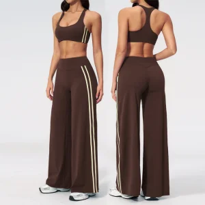 Women's New Medium Waist Solid Loose Pants Racer Back Sports Bra Outdoor Fitness Workout Set With Two Bars on Both Sides