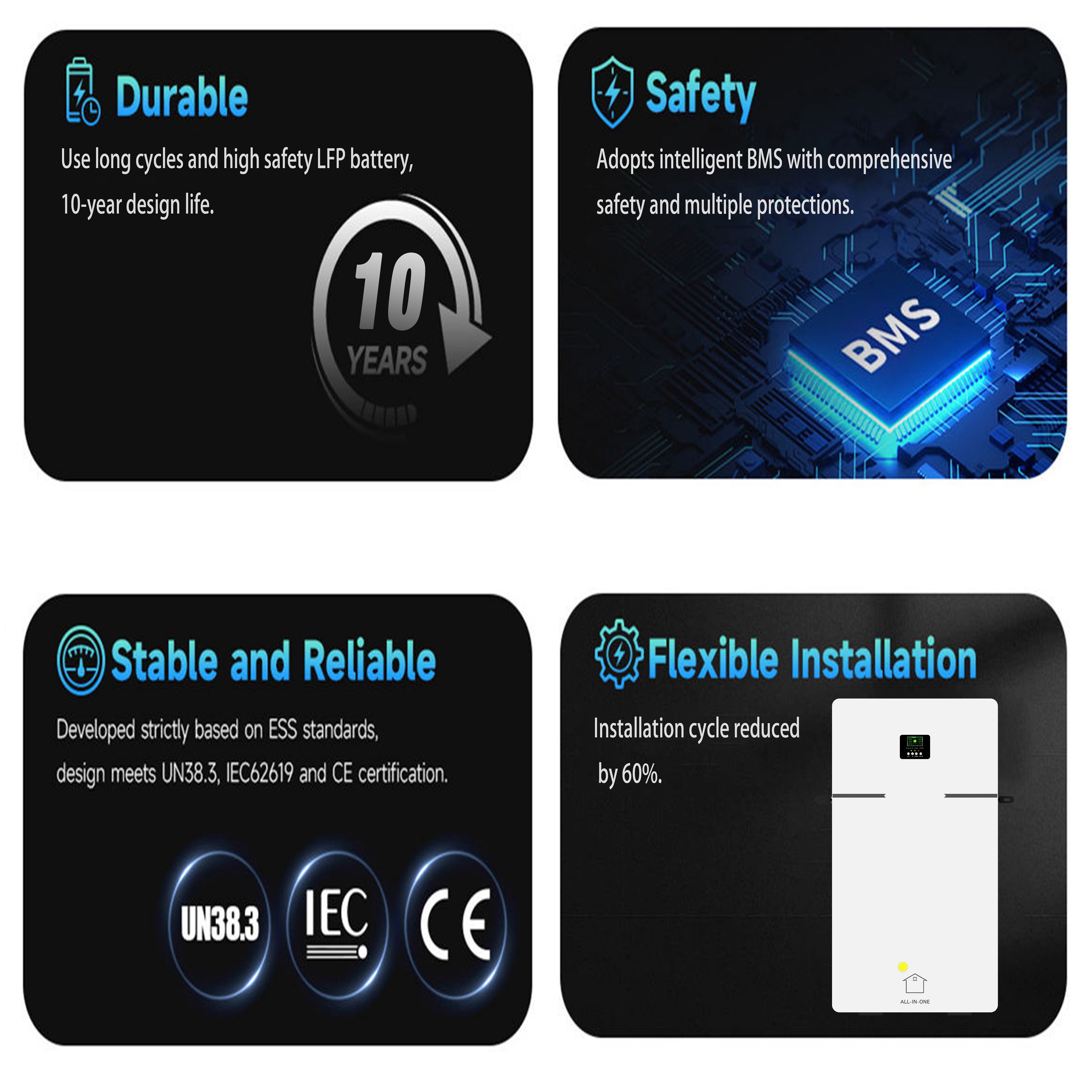 All in One Stacked LiFePO4 Battery Solar Energy Storage Power System Wall-Mounted Home 51.2V 10KW 15kWh 20kWh 25kWh CAN