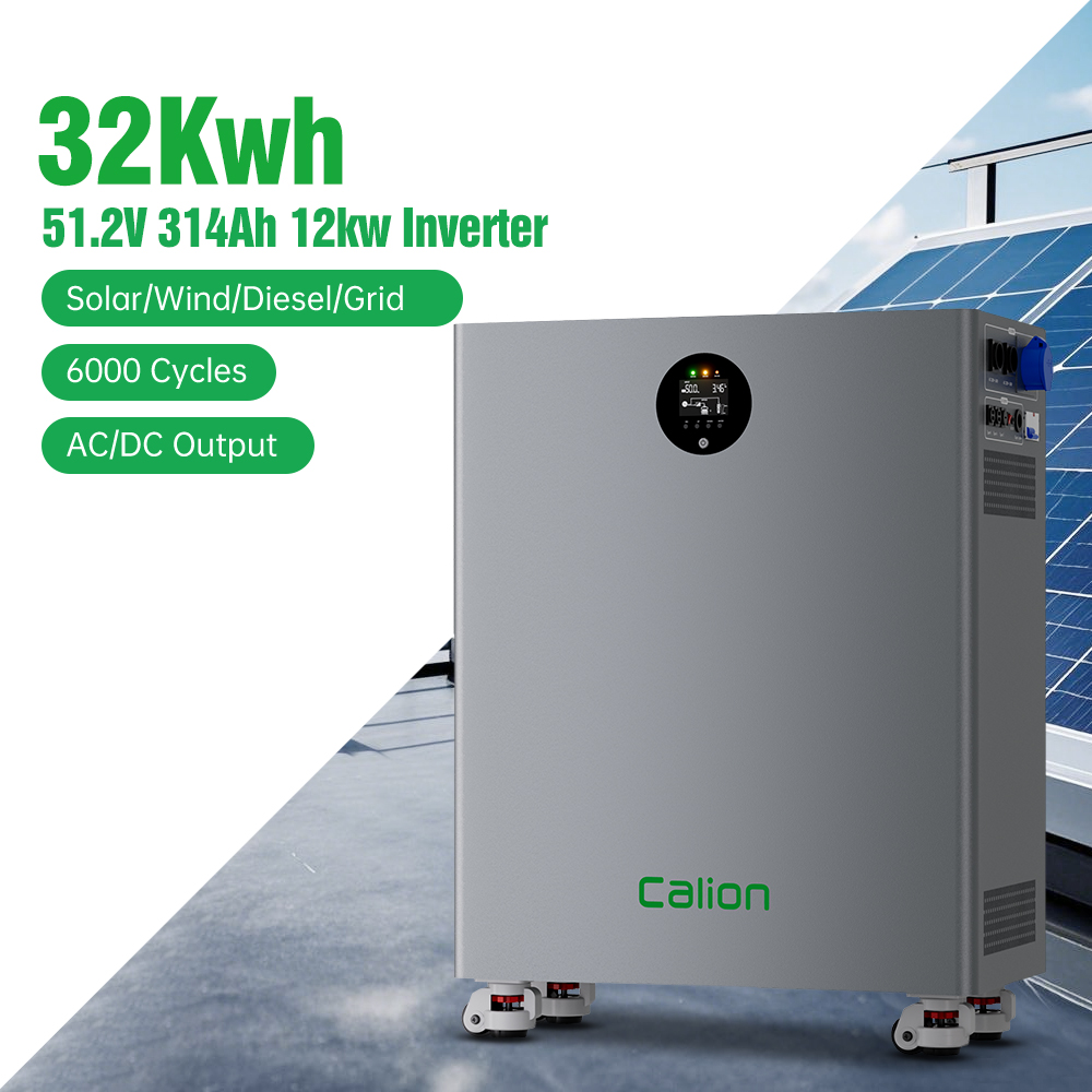 Solar Cell LiFePO4 Energy Storage System 32KWh Battery Built-in 12kW Hybrid Inverter CAN Stackable Integrated Pure Sine Wave