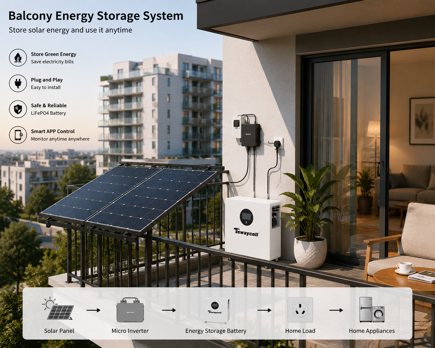 100 Ah Smart Home Energy Storage System 2.5kWh LiFePO4 Battery 1.2kW Inverter Balcony Solar Backup Solution