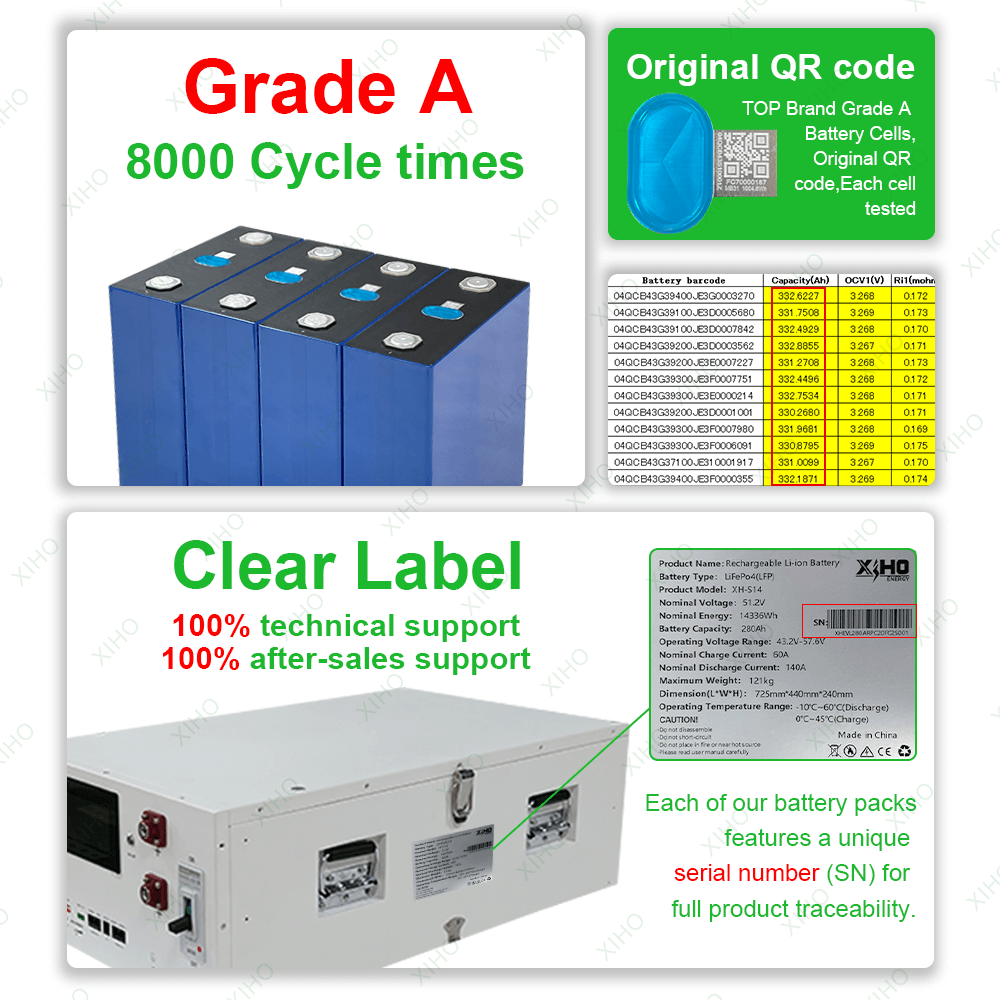 Xiho Grade A Lifepo4 Battery Cells 51.2V 300Ah 280Ah 16KWH 15KWH Standing Vertical Type Solar Home Energy Storage Battery Pack