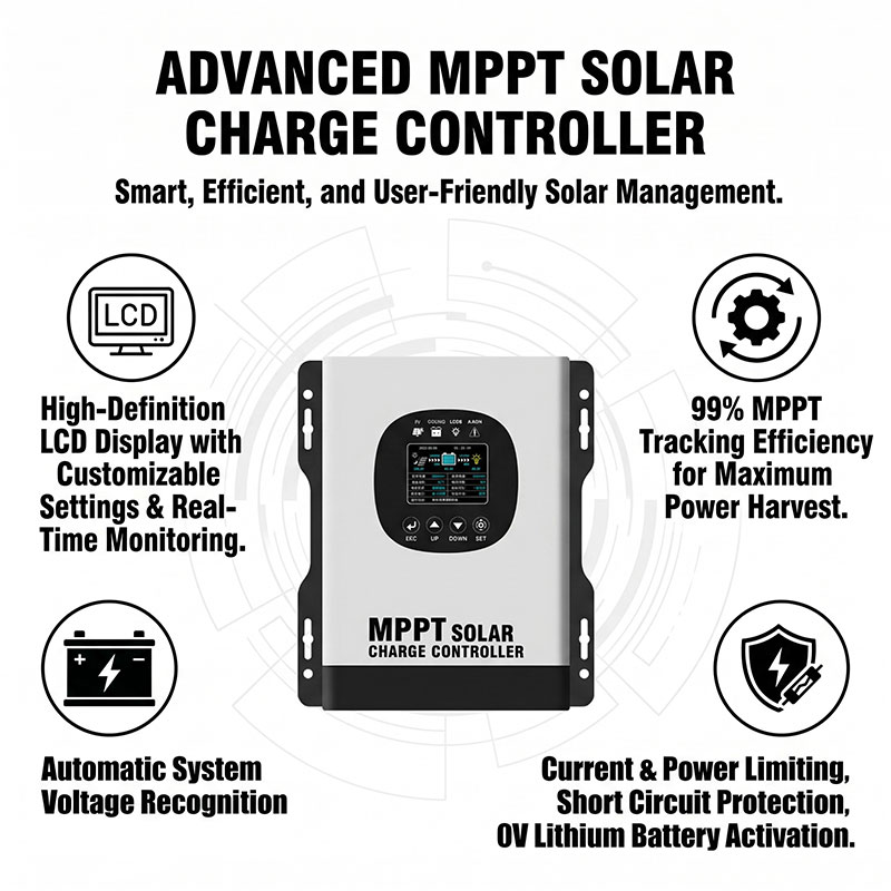 40A/96V Smart MPPT Charge Controller Large Cross-Section Terminal Auto System Voltage Low Loss Pure Sine Wave for Solar Backup