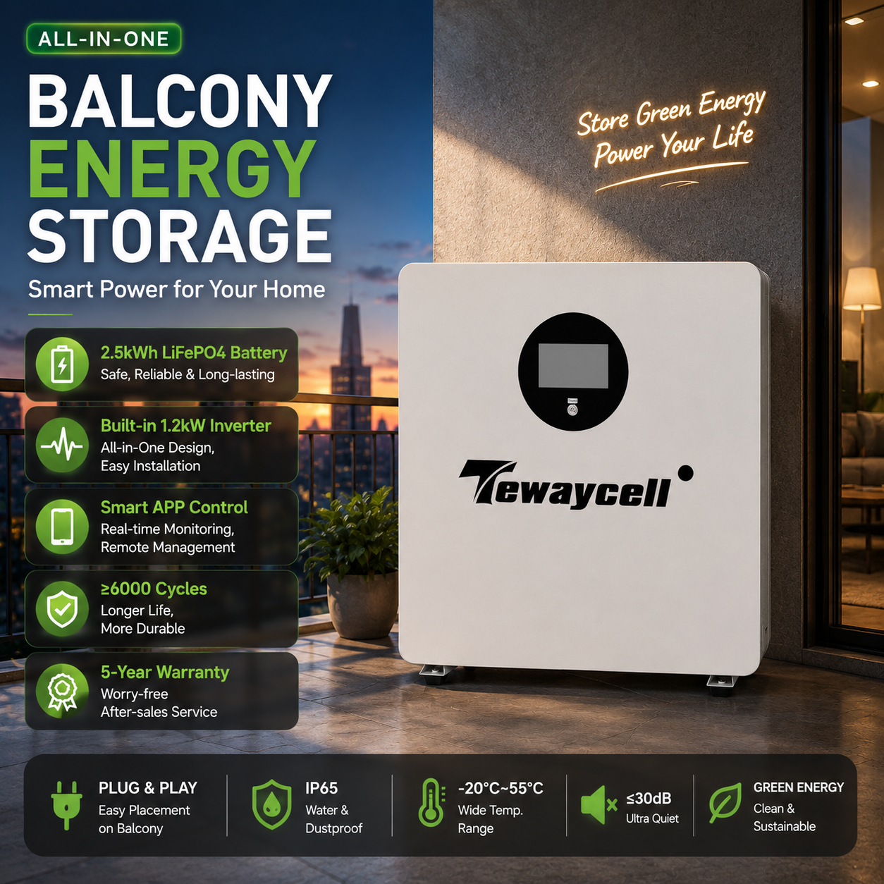 100 Ah Smart Home Energy Storage System 2.5kWh LiFePO4 Battery 1.2kW Inverter Balcony Solar Backup Solution