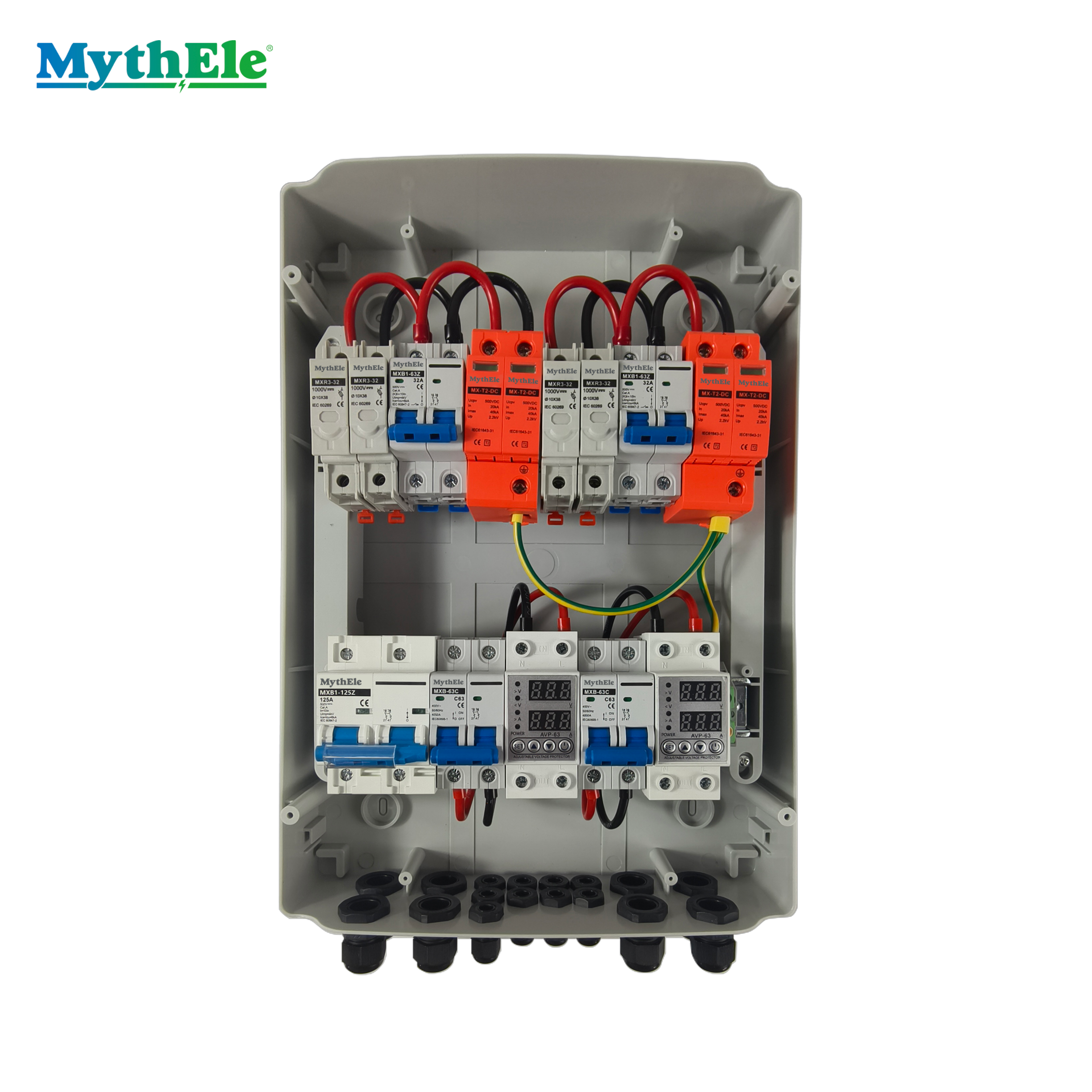 MythEle AC DC Solar PV Combiner Box 2 Input 2 Output Waterproof Distribution Box for Photovoltaic System