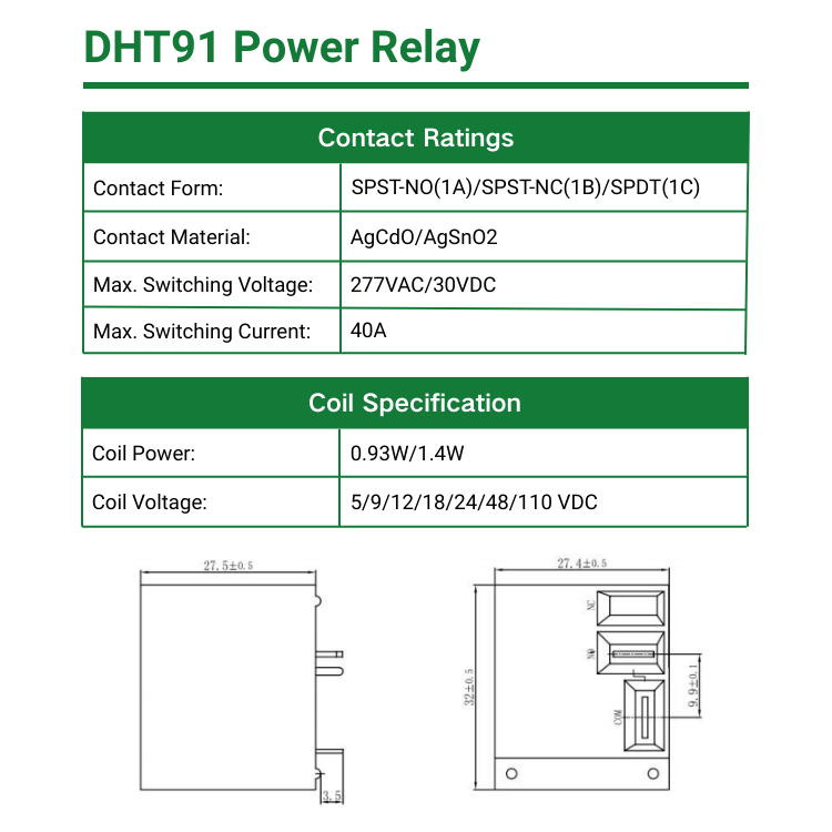DHT91-1CSTF1-DC5V T91 CQC TUV RoHS TV-10 40A 2HP Quick Connect Power Relay Smart Home Appliances Photovoltaic Power System