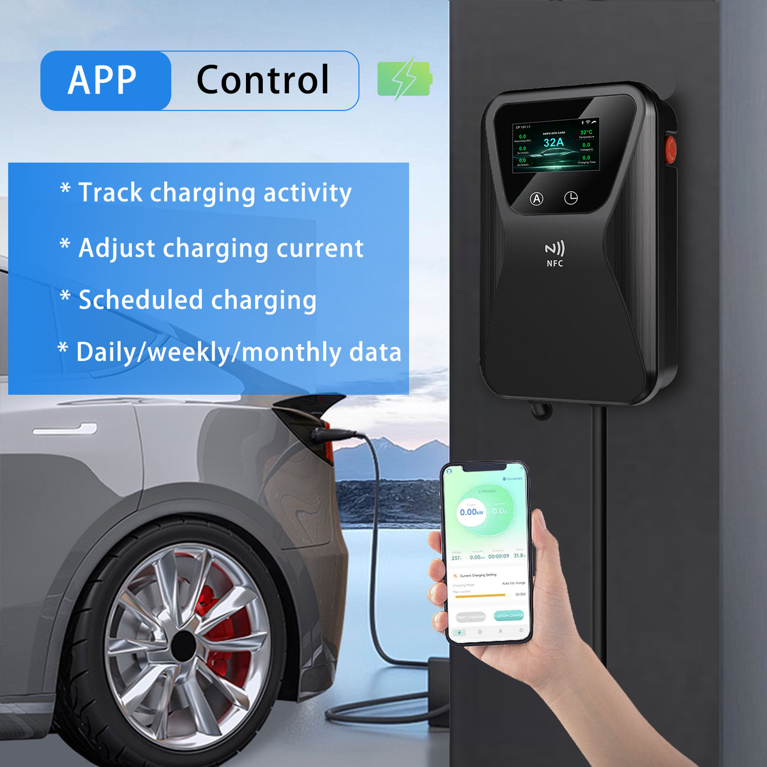 22kW Solar PV Surplus EV Charger Wallbox Dynamic Phase Switching 1 Phase 3 Phase Auto Energy Control Solar Green