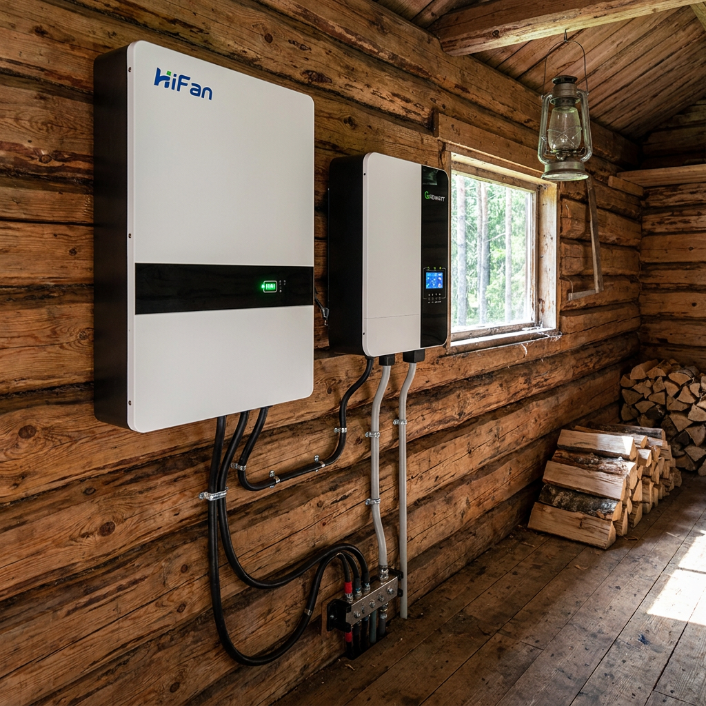 Off-Grid Split Log Cabin Solar Power Storage Kit 5KW Pure Sine Inverter 10KWh LiFePO4 Wall-Mounted Battery Backup Remote Home
