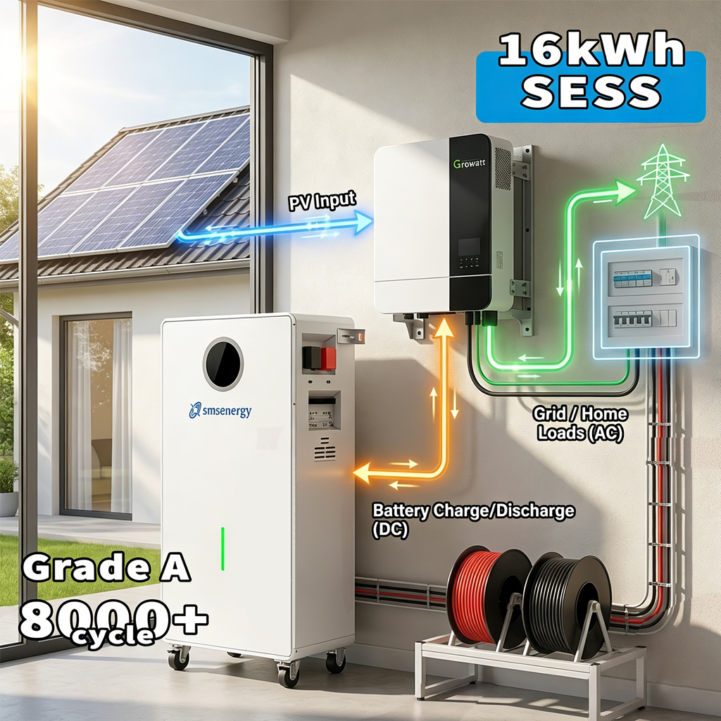 SMS Grade 8000+ Cycle SESS 5KW 10KW 15kWh 16KWh Monocrystalline Silicon Lithium Ion Storage Solar Home System Off-grid LiFePO4