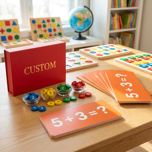 Custom Wooden Math Board Game Set Colorful Number Tokens Equation Cards STEM Learning Toy for Children