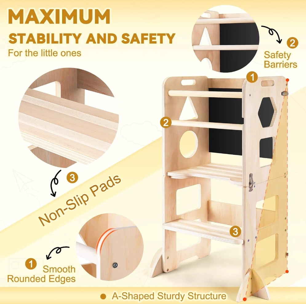 Montessori Toddler Tower Kitchen Stool Helper Foldable Weaning Table Safety Rail Chalkboard Backrest Wooden Standing Tower
