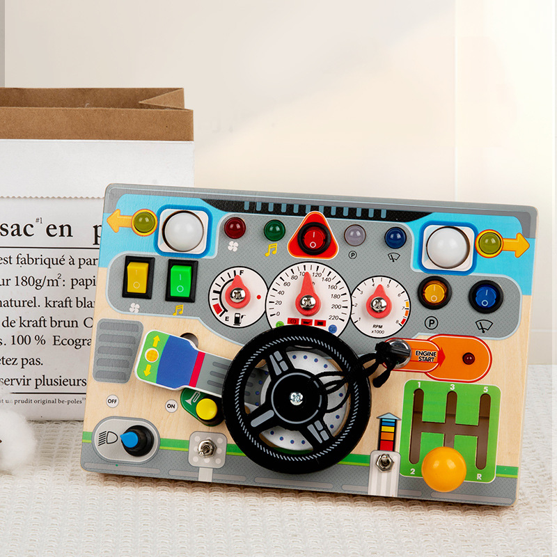 New Safe Wooden Electronic Busy Steering Wheel Montessori Educational Sensory Toy for Preschool Kindergarten Children 2-14 Years