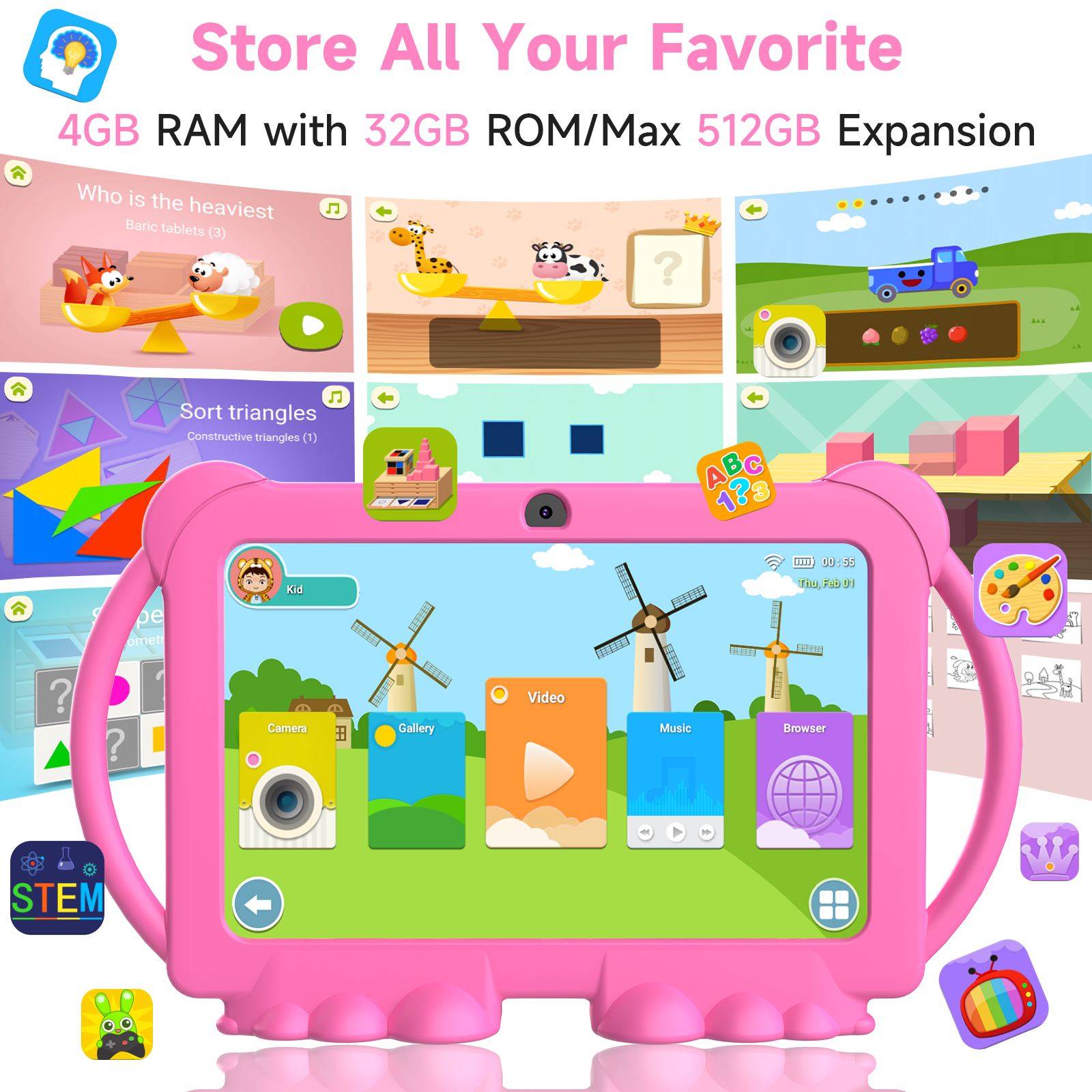 7-Inch Wi-Fi Kids Tablet PC with 2+2+32GB Capacity for Educational