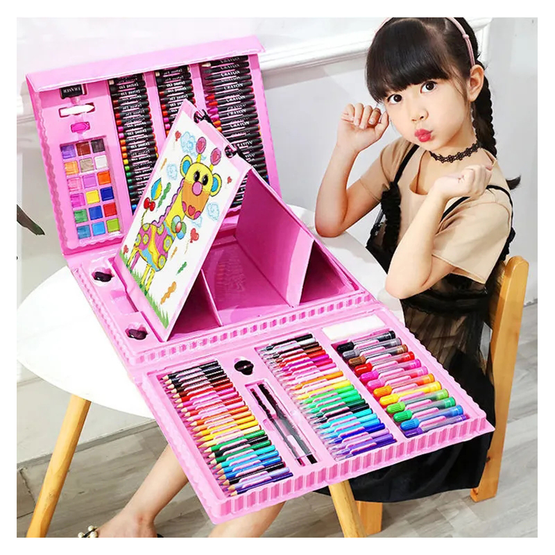 208PCS Education Graffiti DIY Stationery Set Water Color Painting Brush Kit Colour Pencil Pen Crayon Art Drawing Toy With Board