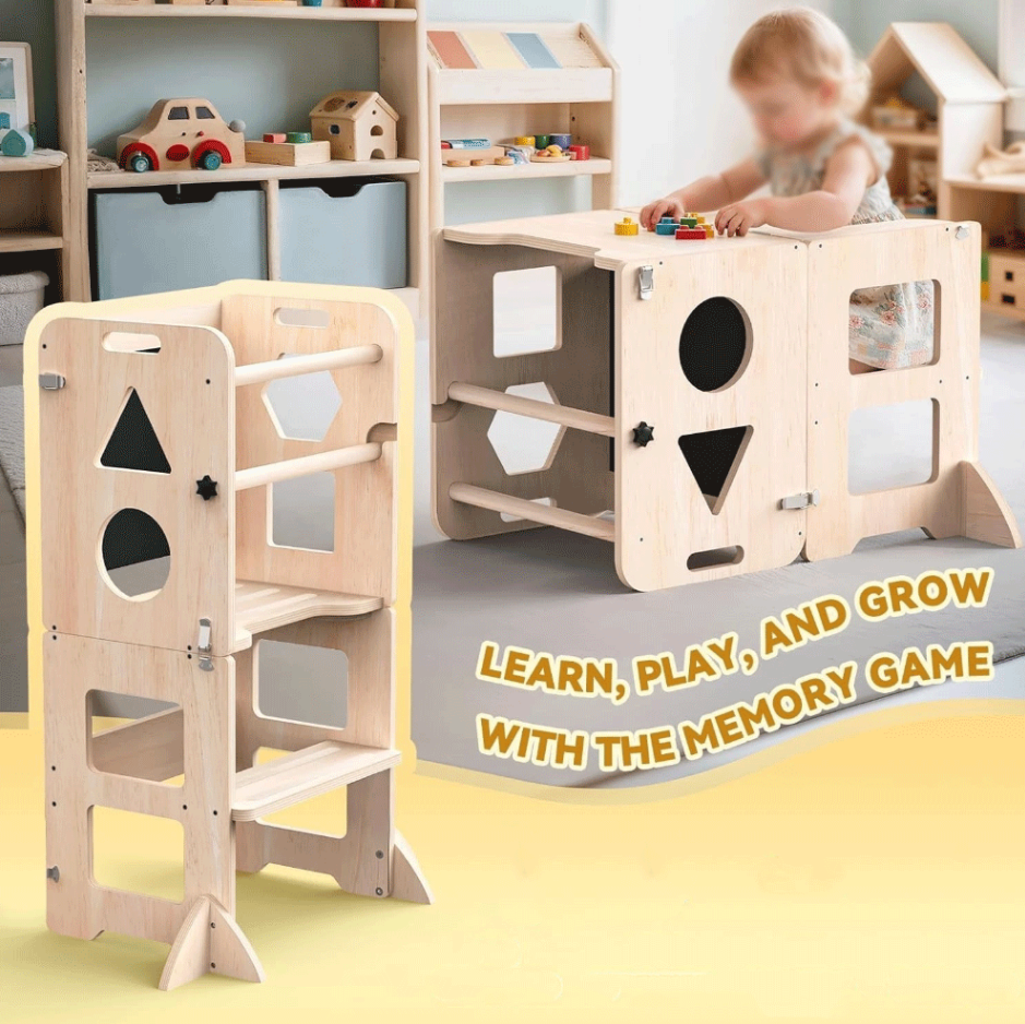 Montessori Toddler Tower Kitchen Stool Helper Foldable Weaning Table Safety Rail Chalkboard Backrest Wooden Standing Tower