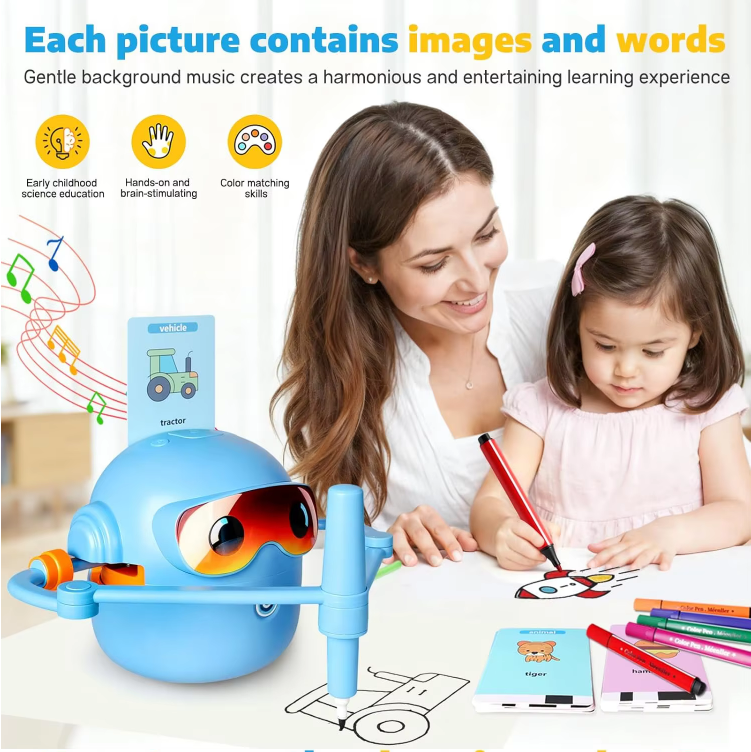 Montessori Inspired Drawing Robot, Interactive Painting Learning Toy with 100 Cards