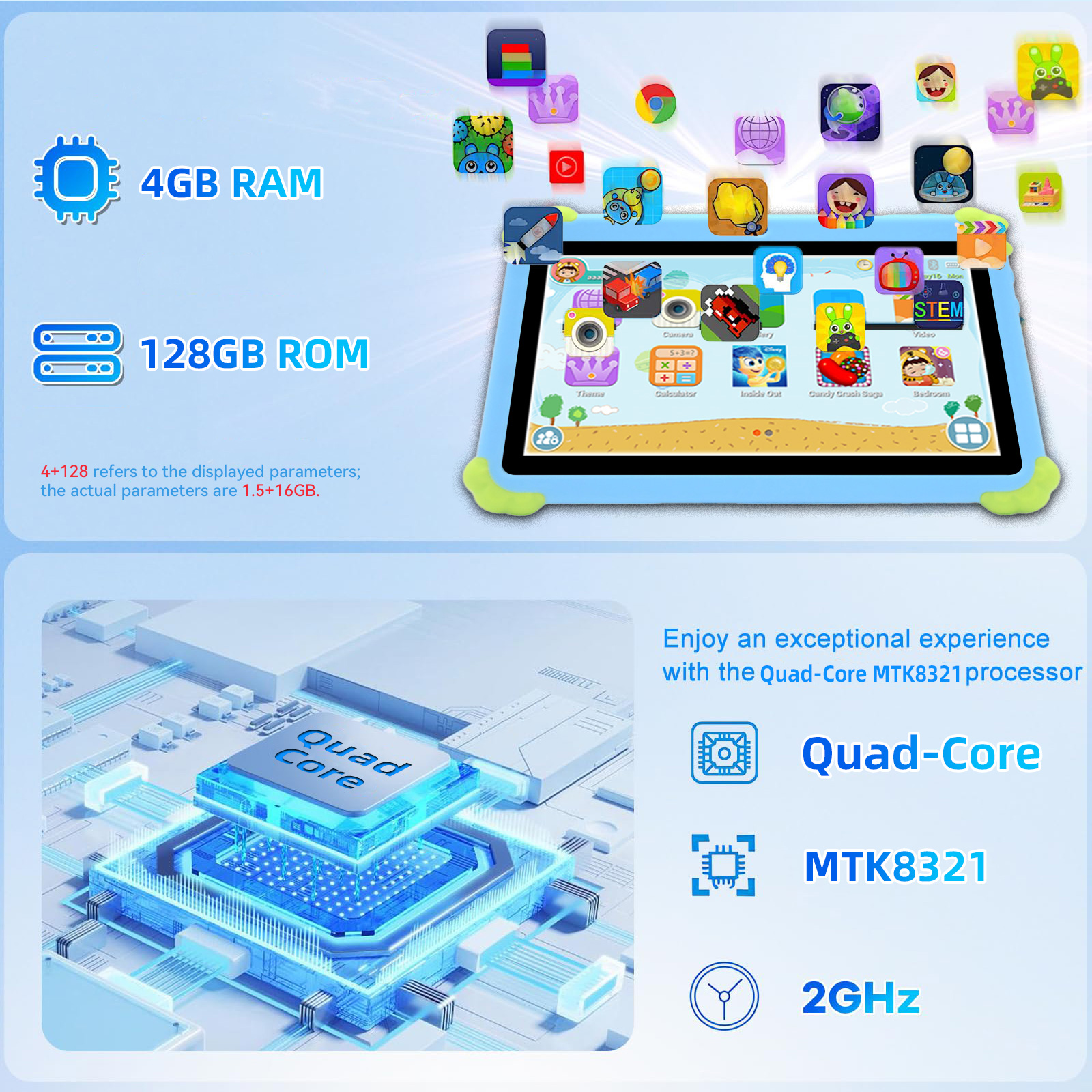 Factory Direct Selling 7 Inch MTK Android 14 Kids Tablet Parental Control Multi-Language Educational Games 4GB RAM 128GB ROM