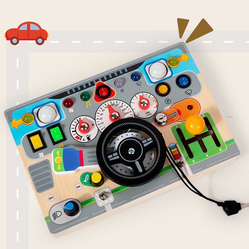 New Safe Wooden Electronic Busy Steering Wheel Montessori Educational Sensory Toy for Preschool Kindergarten Children 2-14 Years