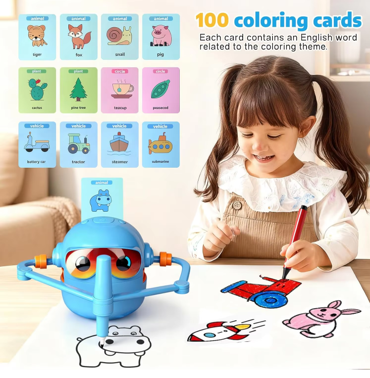 Montessori Inspired Drawing Robot, Interactive Painting Learning Toy with 100 Cards