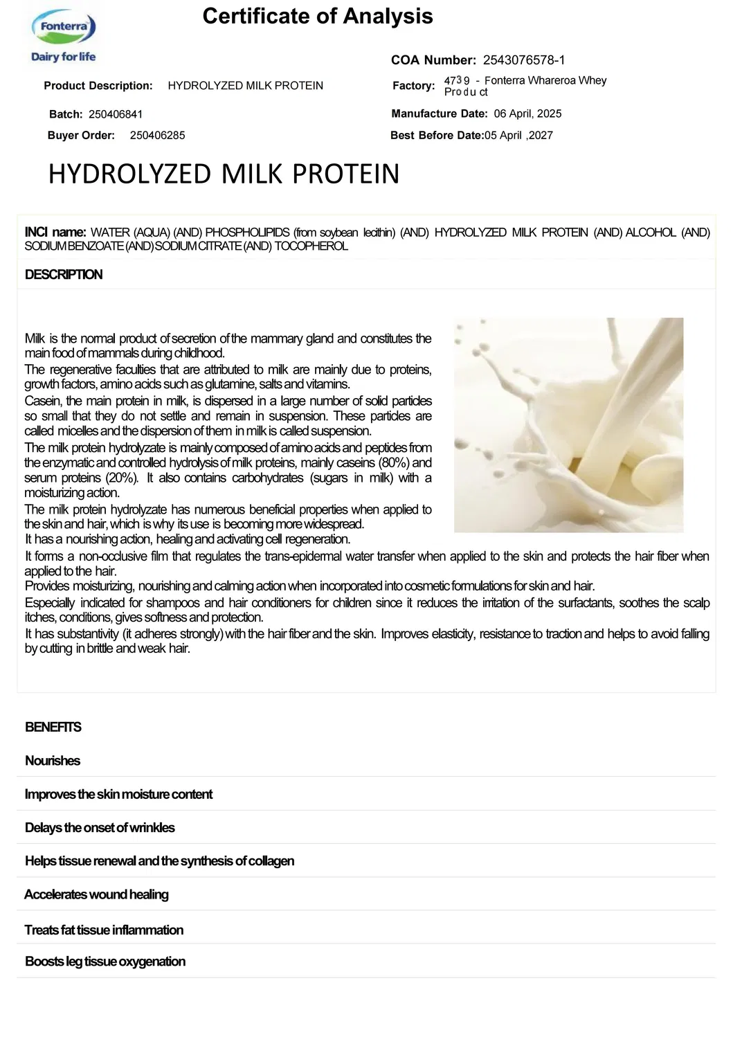 Hydrolyzed Milk Protein Specification Sheet Part 1