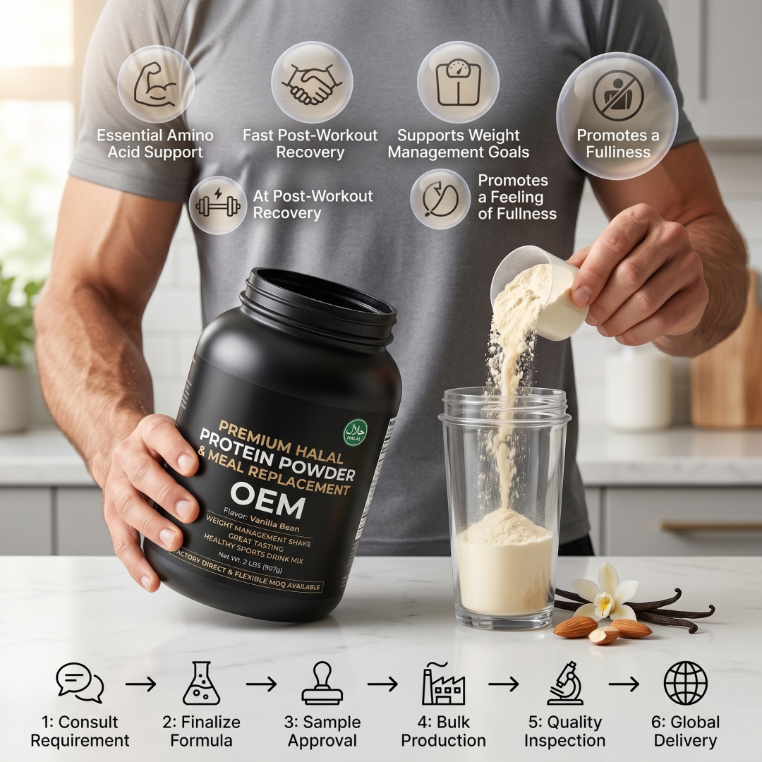 Halal Factory Direct Flexible MOQ Great Tasting Adult Flavored Protein Powder Vegan/Whey Weight Management Meal Replacement Zero