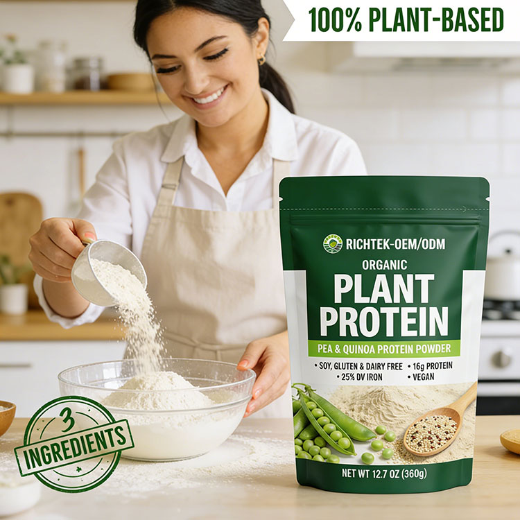 Richtek OEM Natural Vegan Pea Protein Powder Custom Flavor Private Label Sugar Free Dairy Free Plant Based Protein Supplement